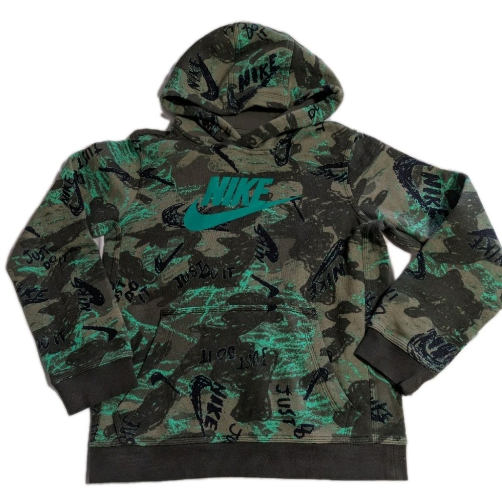 Nike Youth Hoodie Size L Green Camo Just Do It Pullover Sweatshirt